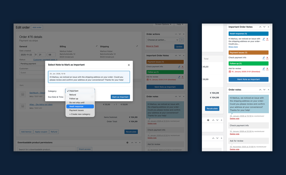 Important Order Notes: Order Edit Page – Mark Note as Important