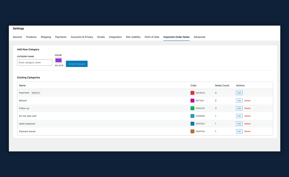 Important Order Notes: Settings – Category Management
