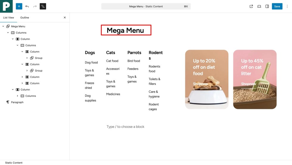 Pages Megamenu Settings