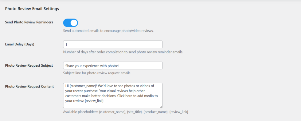 Photo Review Email Settings