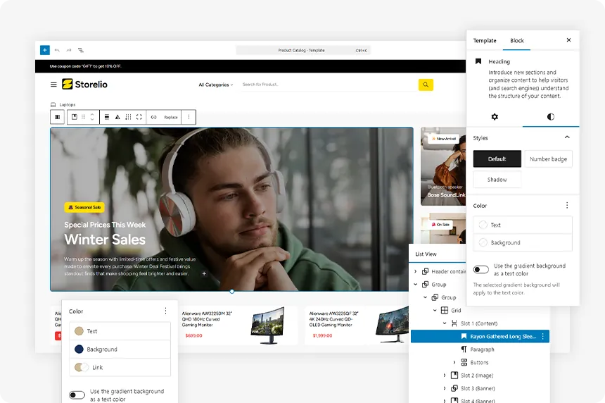 Full site editor interface showing visual customization for WooCommerce stores
