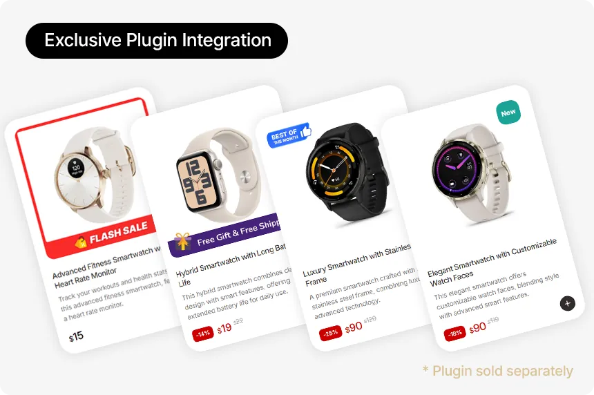 Promotion badges on products showing discounts and offers