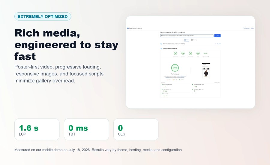 A controlled mobile PageSpeed test of an Ultimate Product Gallery demo, with performance metrics and a results-vary qualifier.