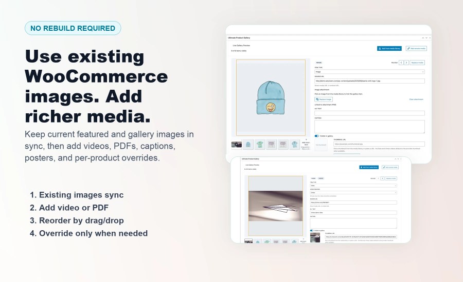 Ultimate Product Gallery admin workflow for existing WooCommerce images, video, PDFs, captions, and product overrides.