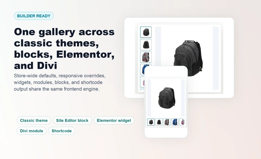 Ultimate Product Gallery responsive desktop and mobile layouts for classic themes, blocks, Elementor, and Divi.