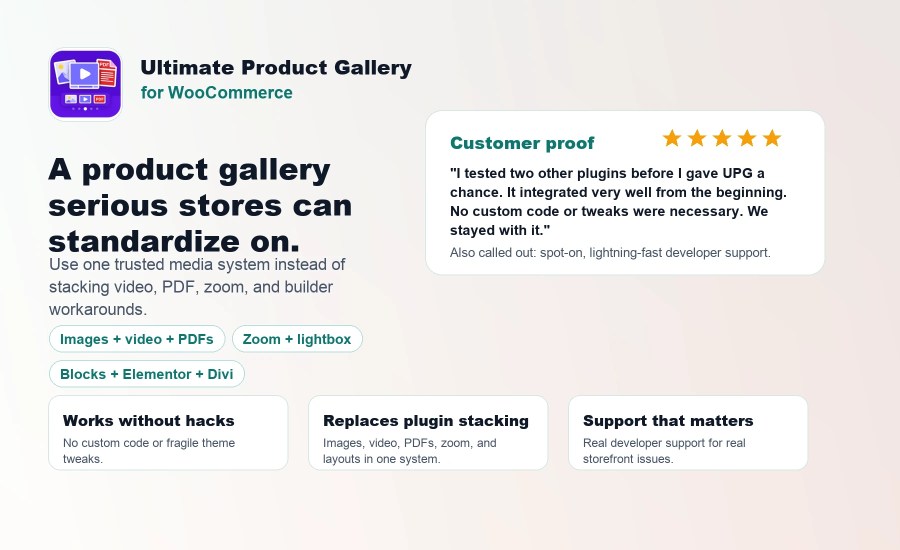 Ultimate Product Gallery customer feedback, consolidated product media features, and developer support.
