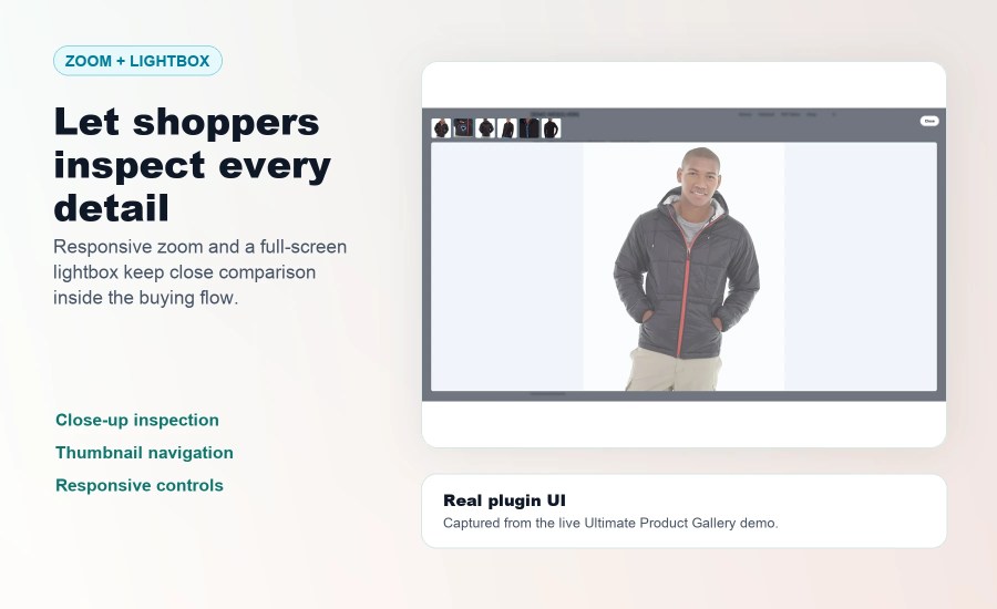 Ultimate Product Gallery live demo showing thumbnail navigation and a full-screen product lightbox.