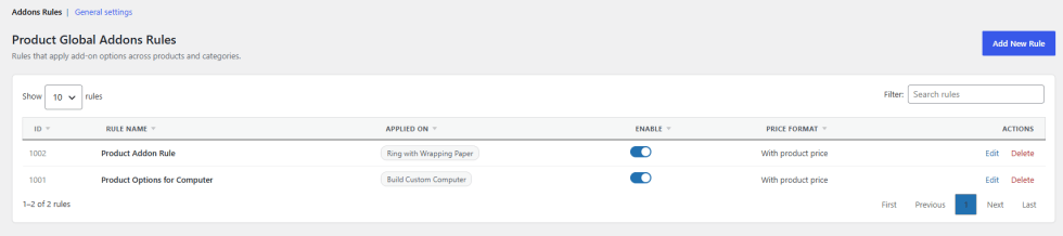 Addons Rules and General settings
