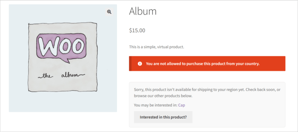Instead of a dead end, tell restricted visitors why the product isn’t available to them (with your own custom wording), and point them toward a product they can buy — keeping them shopping instead of leaving.