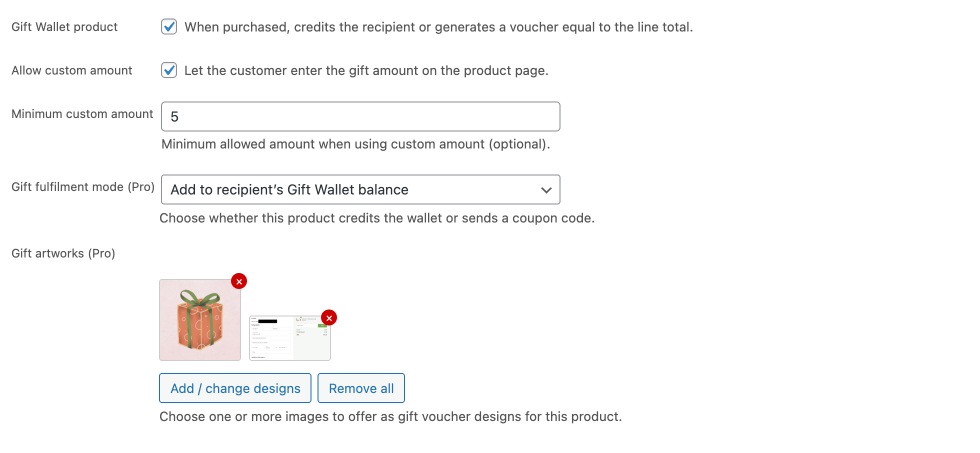 DL Gift Wallet Pro Plugin - Gift Wallet Product Page Configuration Settings