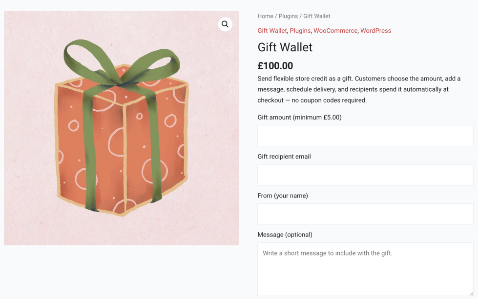 DL Gift Wallet Pro Plugin - Product Page Including Amount, Recipient Email and Message