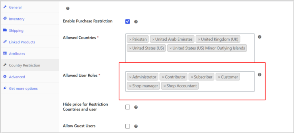 Decide which user roles are allowed to buy — wholesaler, distributor, verified customer, or any custom role your store uses. This goes beyond simple geo-blocking to give you real account-level control.