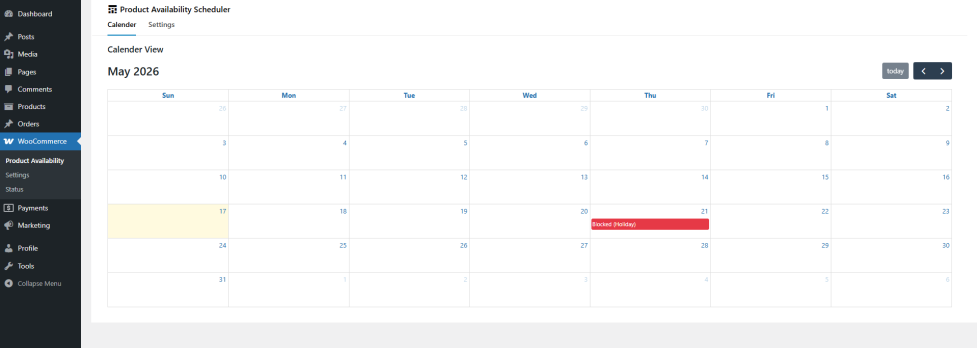 Product Availability Calender view