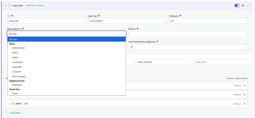 Show or Hide Product Options by User Role
