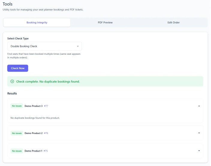 Booking integrity check results