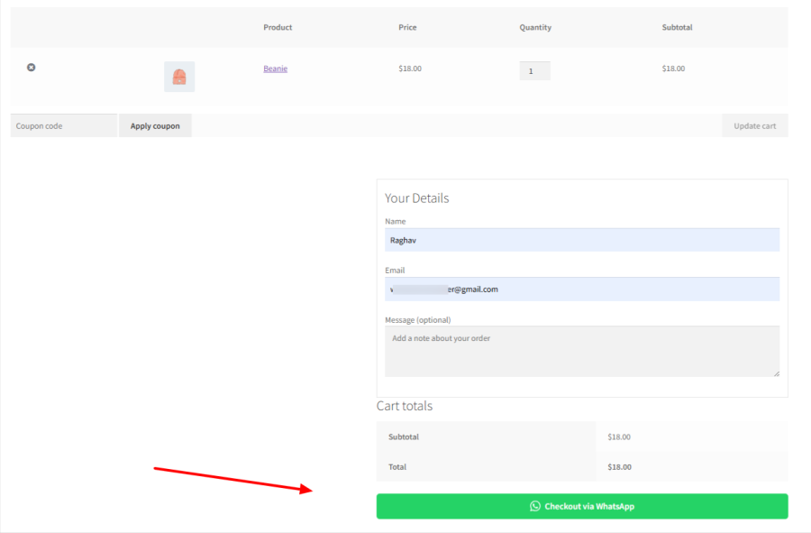 checkout cart page with whatsapp option