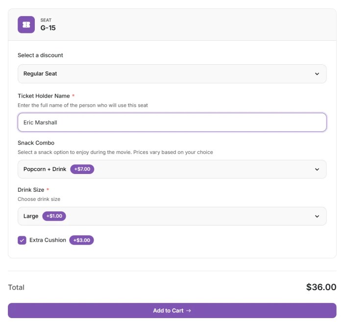 Seat details form with custom fields on front-end