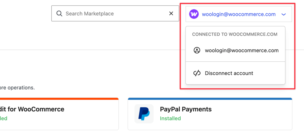 Screenshot: image showing the connected WooCommerce.com account within a site administration, under WooCommerce > Extensions > My Subscriptions. The connection menu is highlighted.