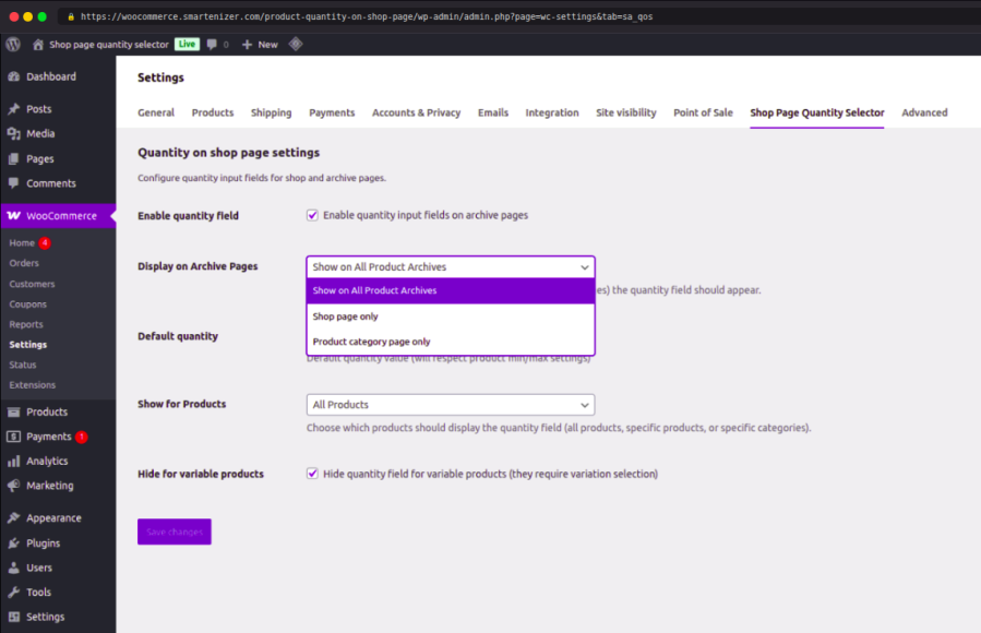 Settings to control where quantity field appears on WooCommerce archive pages