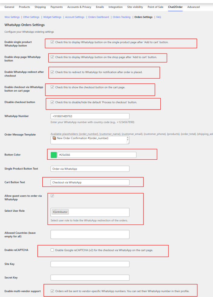 order setting under the chat2order in woocommerce setting