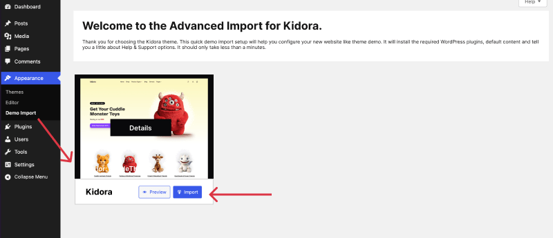 kidora - demo import
