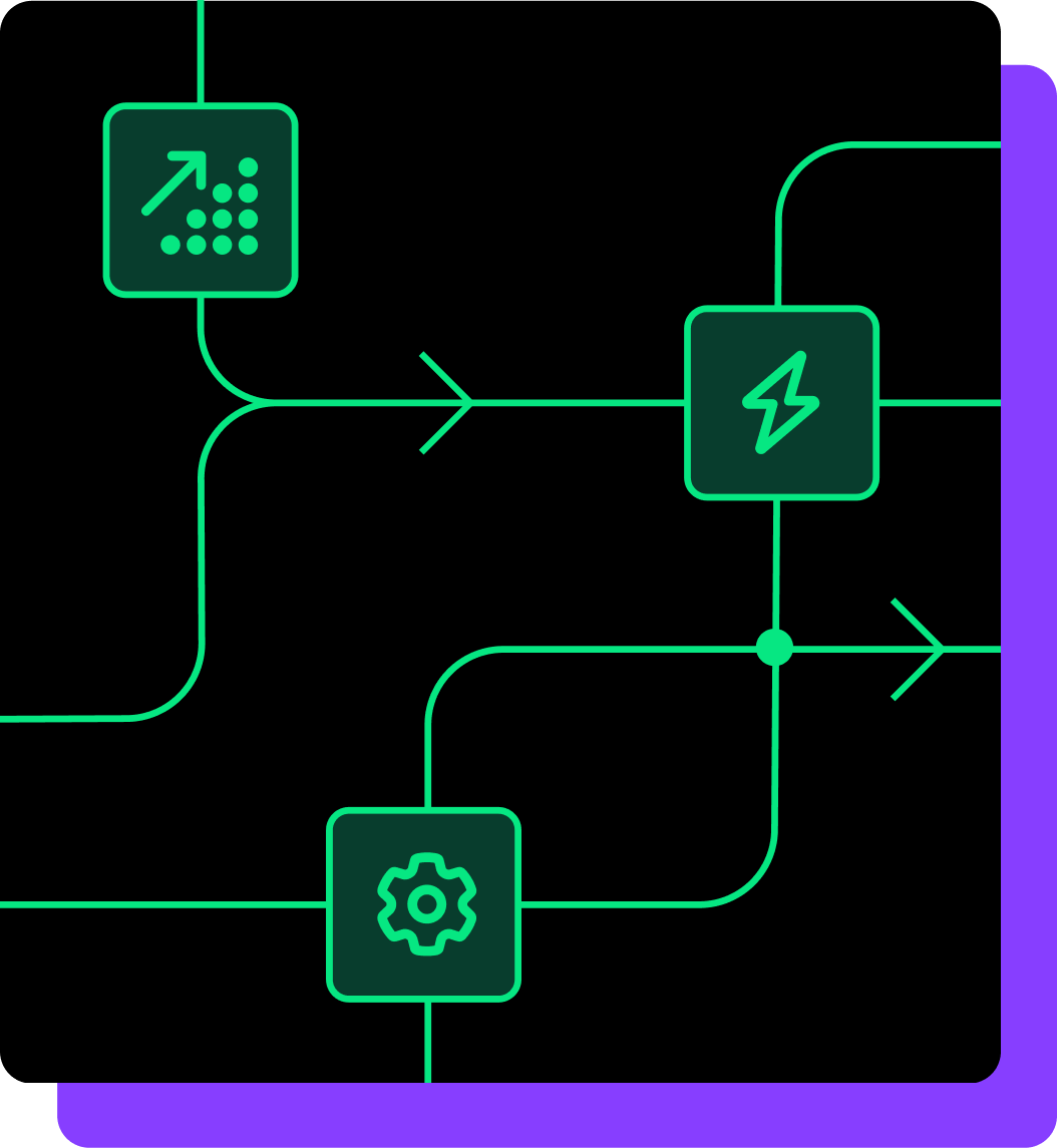 Lines connecting icons of an upward arrow on a chart, a lightning bolt, and a gear