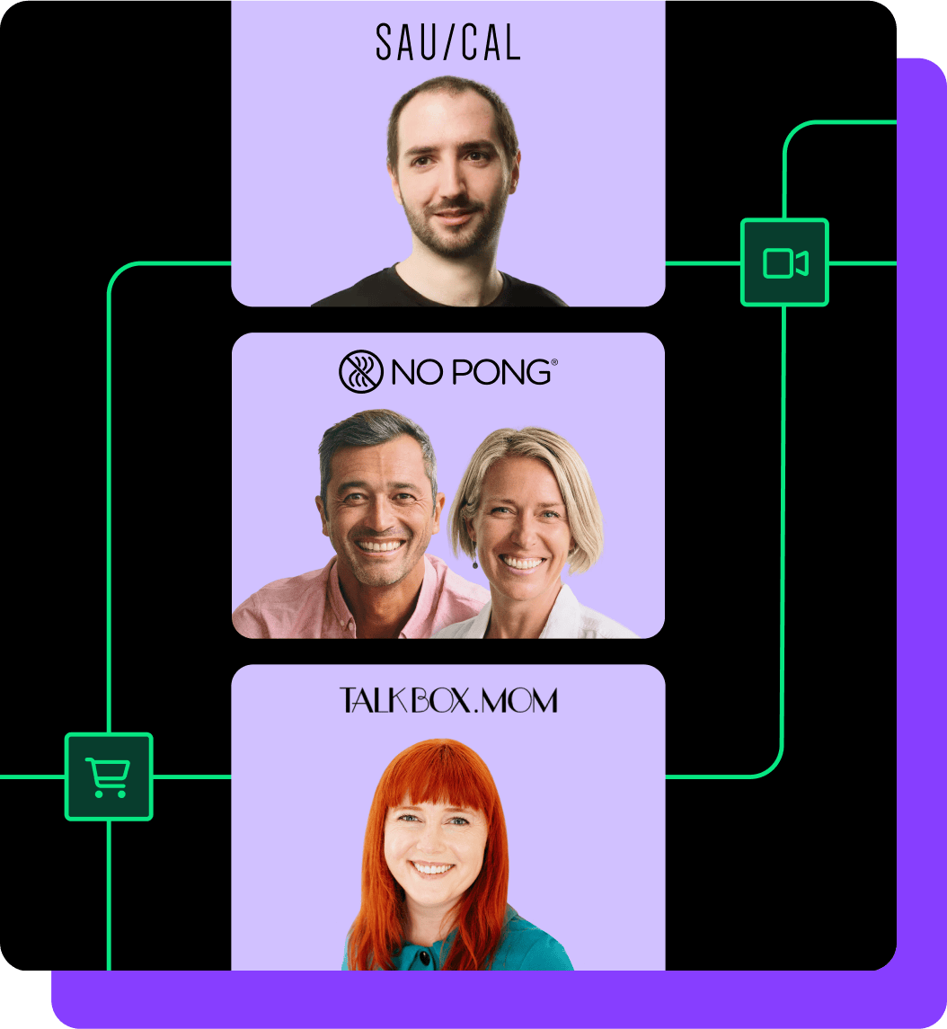 Photos of roundtable panelists from Saucal, No Pong, and Talkbox.mom connected by lines to icons of a shopping cart and video camera