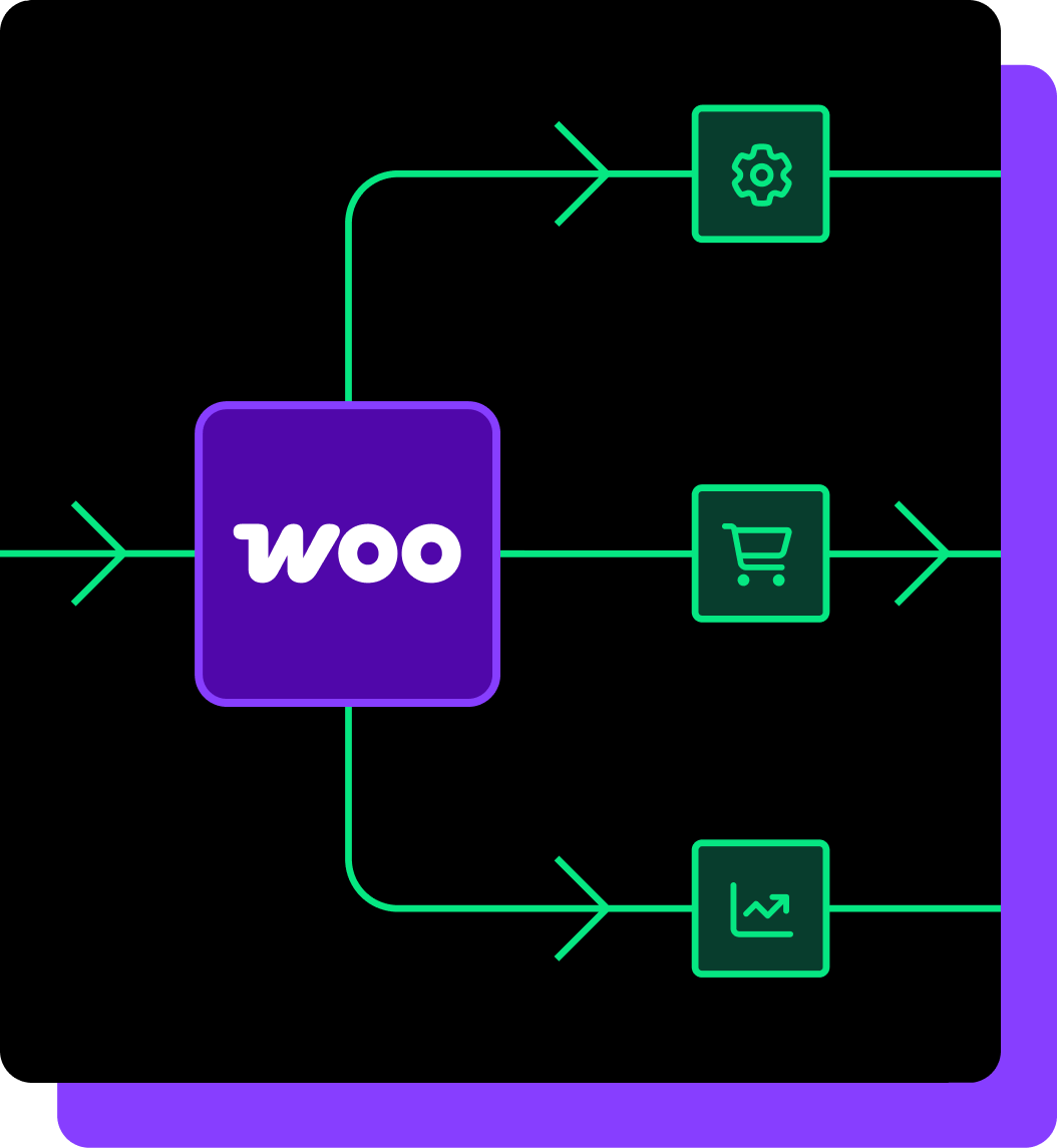 The WooCommerce logo connected by lines to icons of a gear, shopping cart, and upward line graph