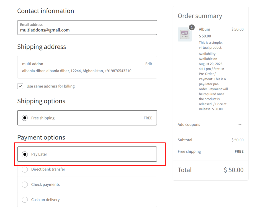 WooCommerce Pre-Order Pay Later Gateway