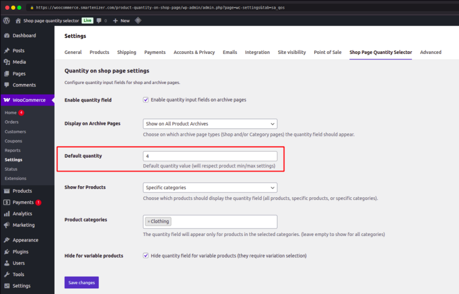 Default quantity value setting for WooCommerce shop page quantity field