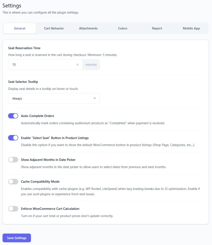 Settings general tab