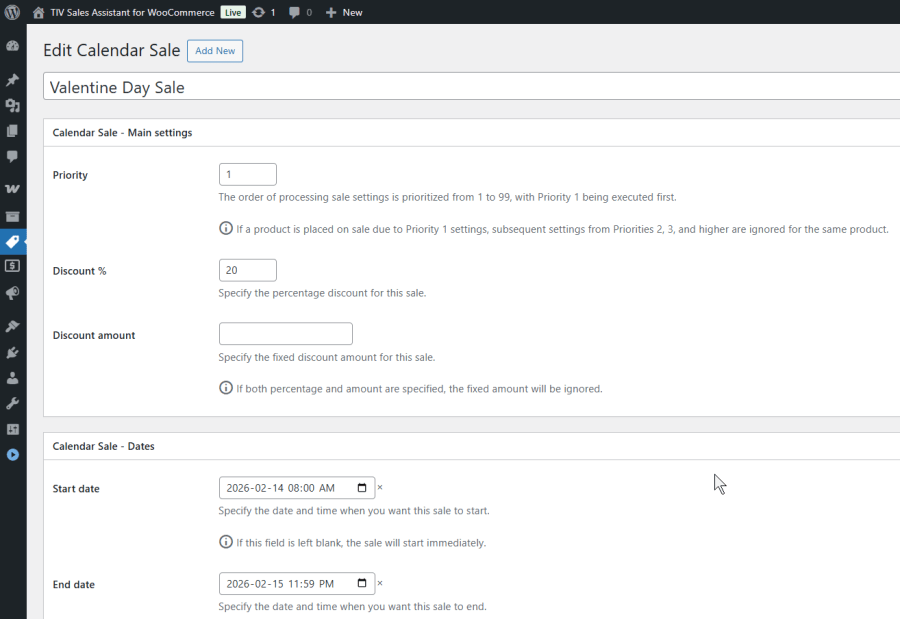 Calendar Sale editor with Main Settings, Dates, and Filter Products metaboxes