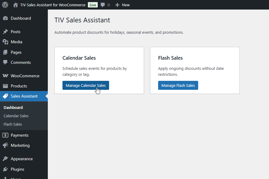 Sales Assistant dashboard showing Calendar Sales and Flash Sales cards