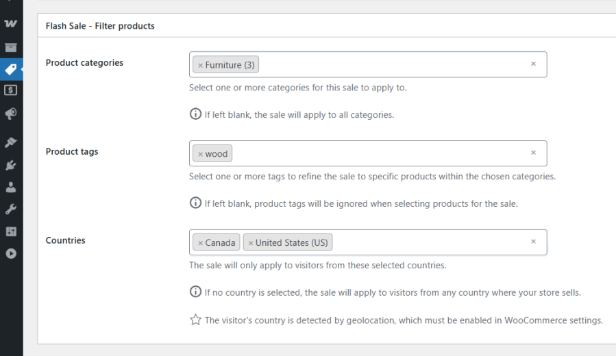 Filter Products metabox with Category, Tag, and Country multi-select dropdowns
