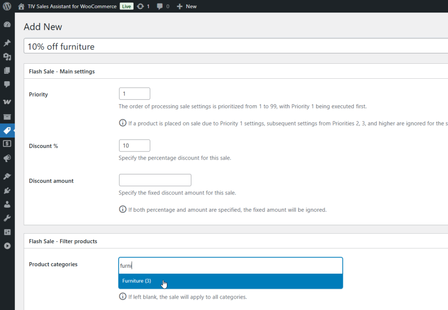 Flash Sale editor with Main Settings and Filter Products sections