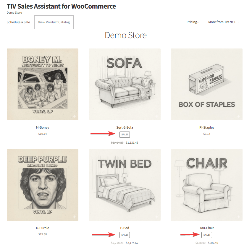 Shop page with sale badges and strikethrough pricing on discounted products