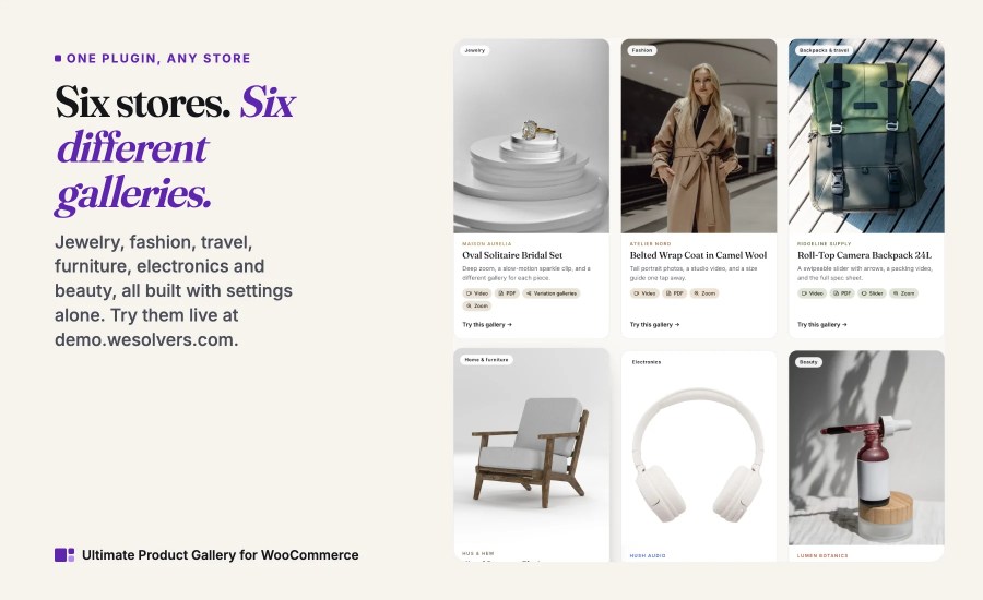 Six demo stores, jewelry, fashion, backpacks, furniture, electronics and beauty, each with a different gallery.