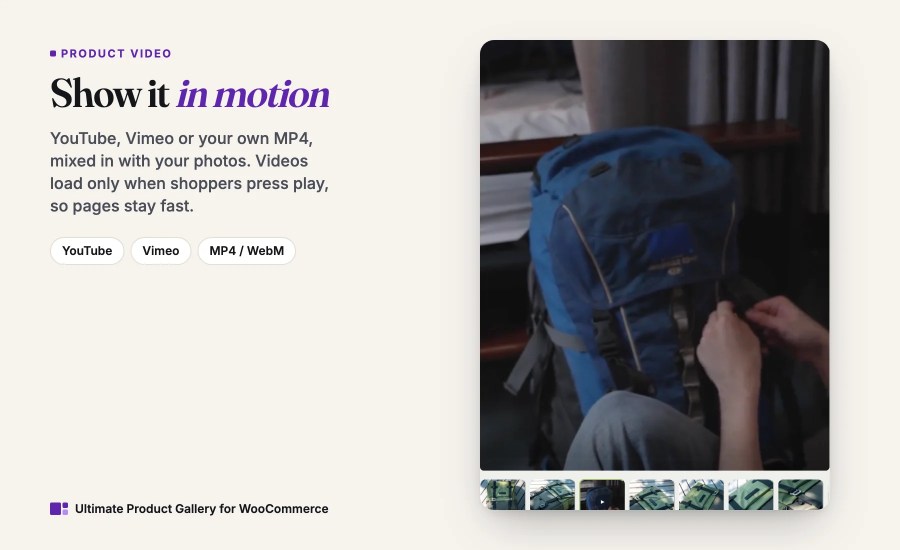 A backpack product video playing inside the WooCommerce product gallery.