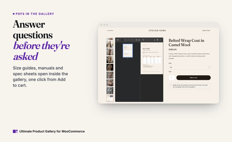 A coat size guide PDF open in the gallery beside the Add to cart button.