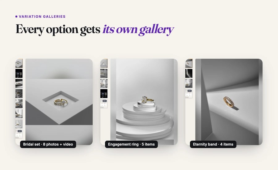 Three ring options, each showing its own gallery of photos and video.