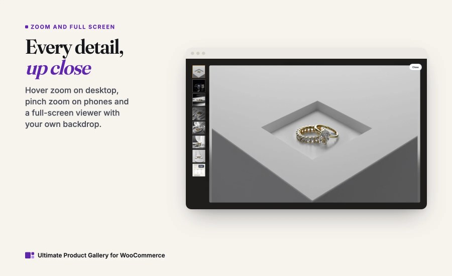 Full-screen viewer showing a diamond ring set up close.