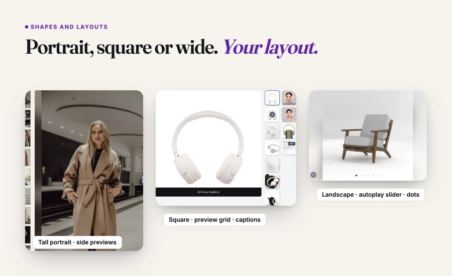 Portrait, square and landscape galleries with side previews, a preview grid and a dot slider.