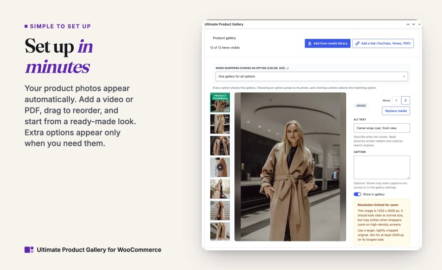The Ultimate Product Gallery panel in the WooCommerce product editor.