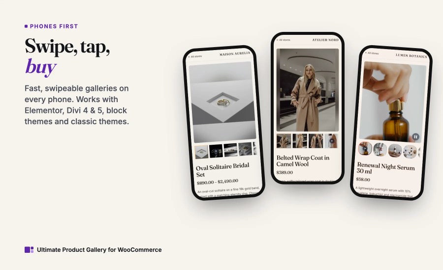 Jewelry, fashion and beauty galleries on three phones.