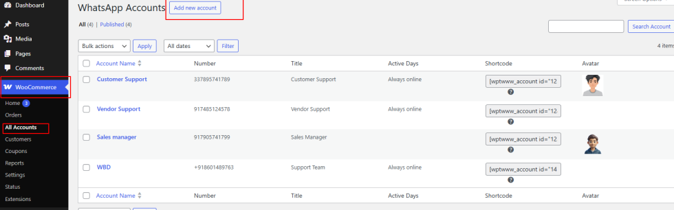 Add whatsapp account from the all accounts under the woocommeerce menu