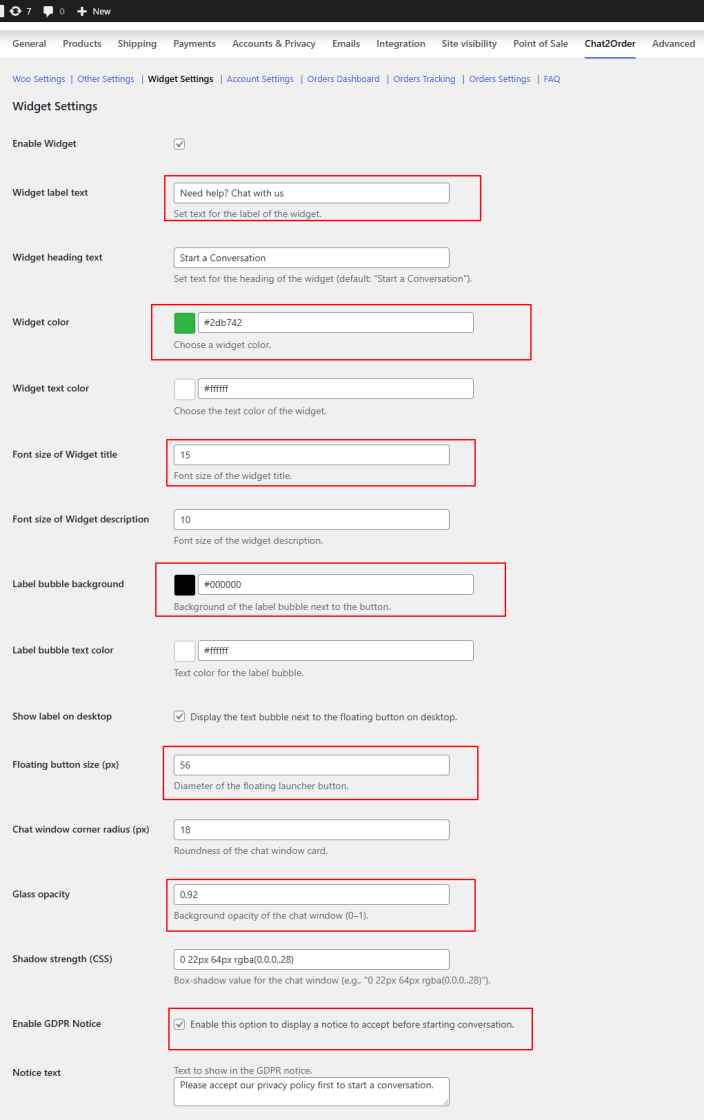 chat2order setting in woocommerce setting