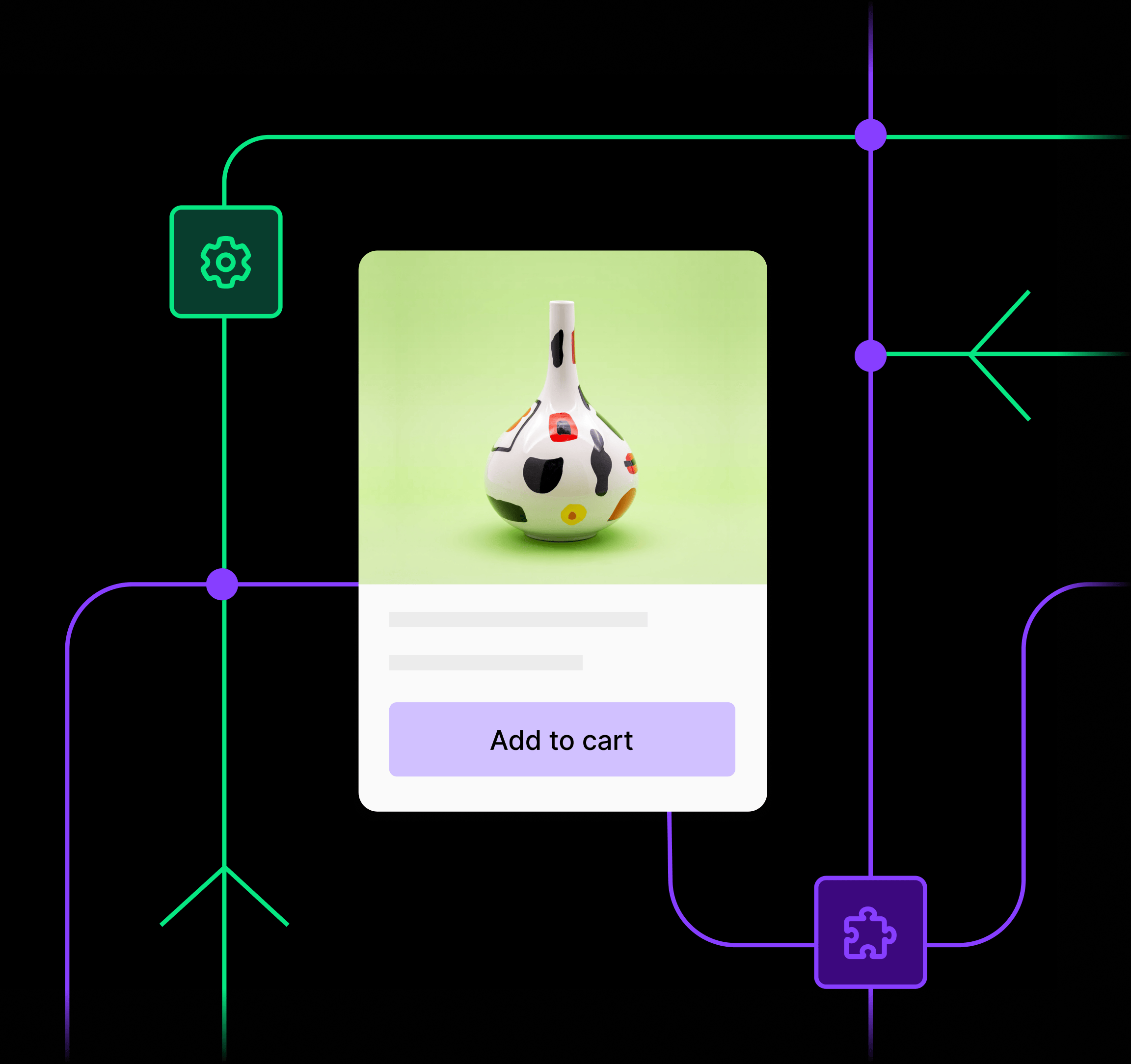 A product photo of a vase with an Add to Cart button, with lines around it and icons for a gear and puzzle piece