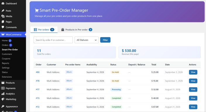 WooCommerce pre order management dashboard showing order status, availability dates, and deposits.