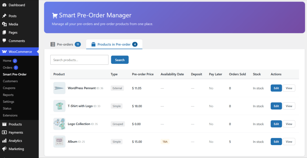 WooCommerce products in pre order dashboard displaying pre-order prices, release dates, and total orders sold.