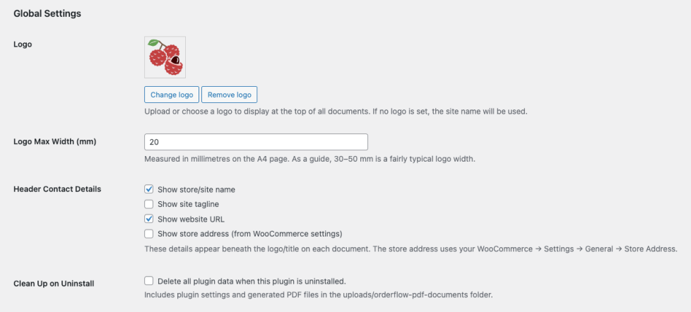 OrderFlor PDF Documents Plugin - Global Settings